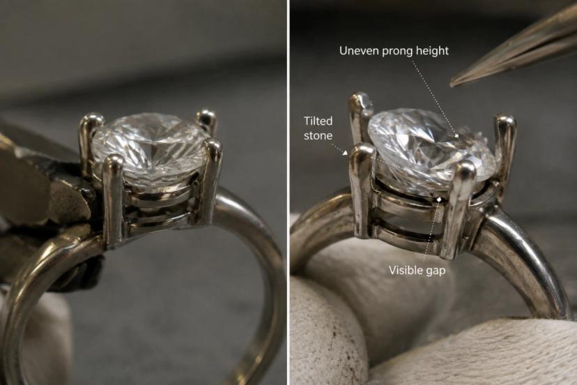 Macro comparison of a level stone setting and a tilted stone with uneven prong height and a visible gap