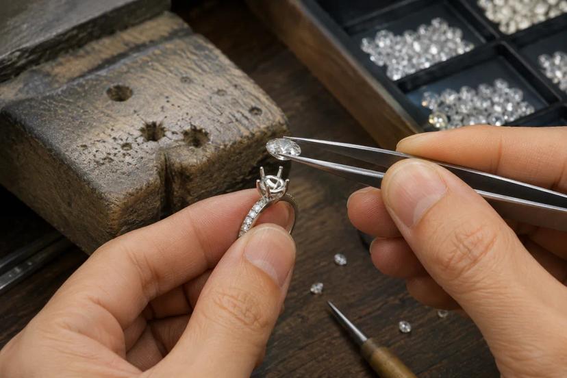 Jeweler positioning a clear stone into a prong setting during fashion jewelry stone-setting inspection