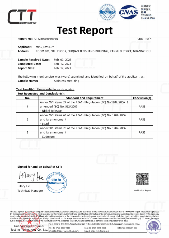 Nickel lead and cadmium jewelry test report