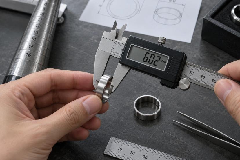 Digital caliper measuring the band width of a custom stainless steel ring