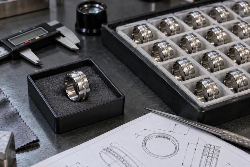 Approved ring sample compared with bulk production pieces on a jewelry QC workbench