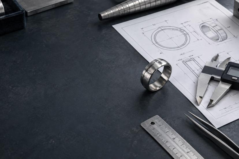 Custom stainless steel rings with technical specification sheet and caliper before sampling