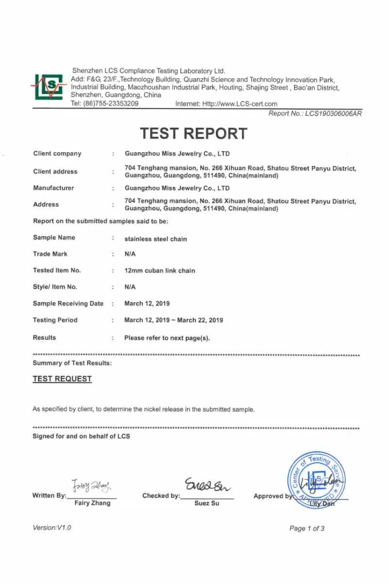 Nickel Release Test Report