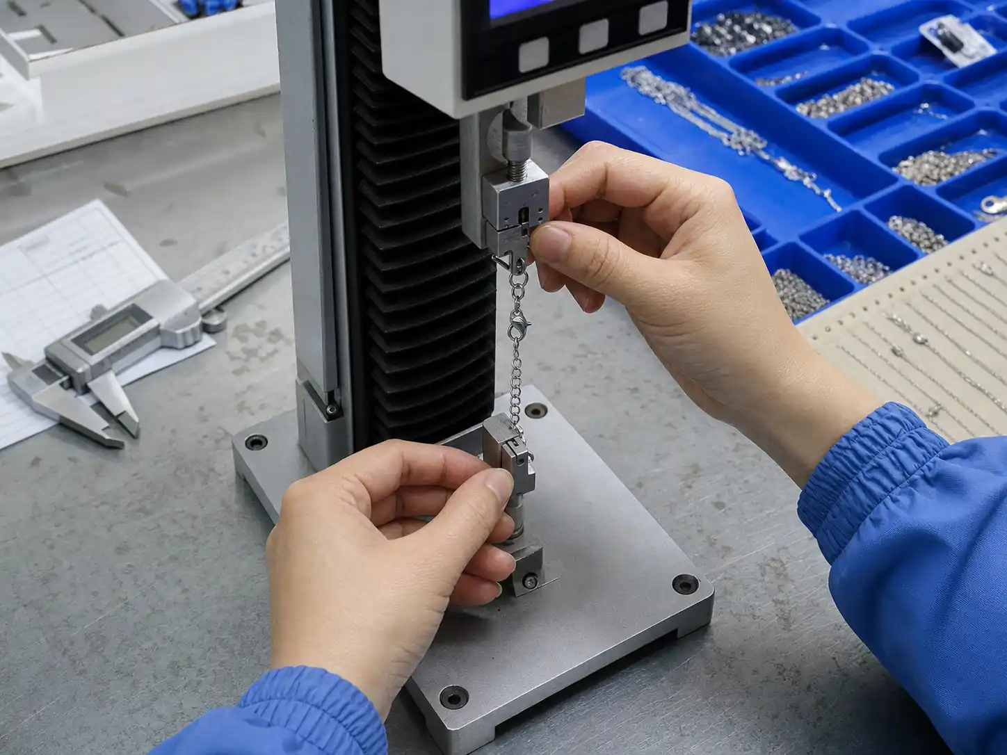 stainless steel necklace clasp and connection point pull-force test